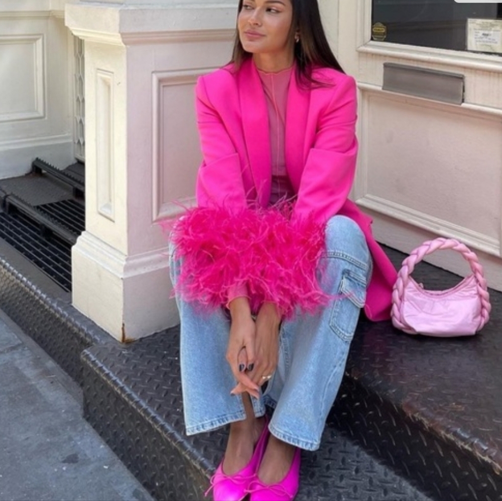 NWOT Zara Pink Feather Cuff Blazer - Picture 6 of 7